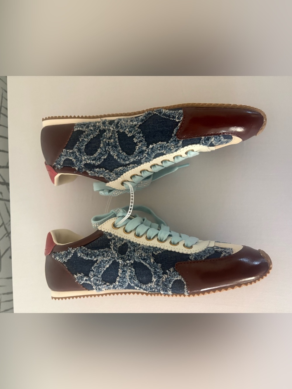 Kurt Geiger London Islington Frayed Denim Sneaker with Leather Accents . - Picture 12 of 13